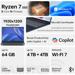 Alternative view of Lenovo IdeaPad Slim 5 Laptop, 16" FHD+ Touchscreen, Ryzen 7 350 (4nm, 16 Threads, Up to 5GHz, Beats Ultra 7 155U), 32GB RAM, 2TB SSD, Wi-Fi 7, W11H, Copilot AI PC, Blue, Bundle with PCO Laptop Cooler