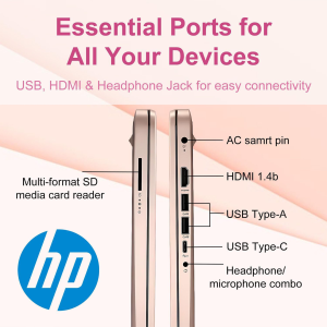 Alternative view of HP 14″Rose Gold Lightweight Laptop, with Office 365 & Copilot AI, Intel Processor, 4GB RAM Memory, 64GB SSD + 1TB Cloud Storage